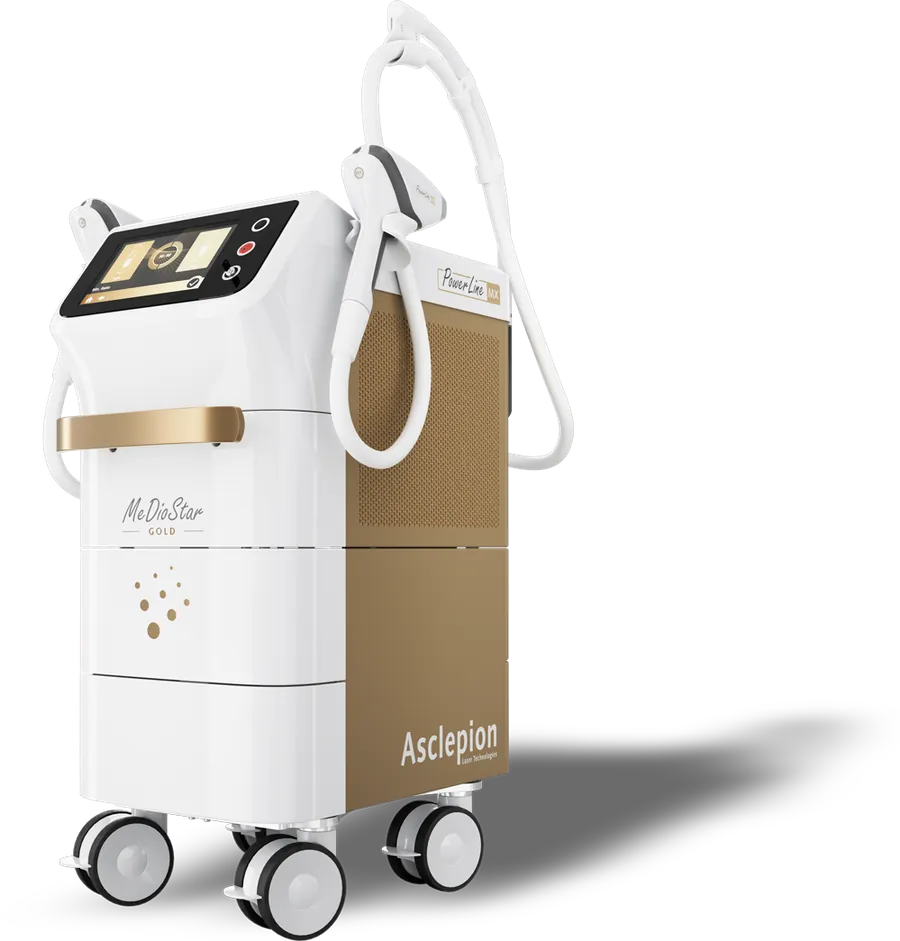 MeDioStar Gold Diodenlaser in Weiß und Gold mit Touch-Display und PowerLine-Handstück